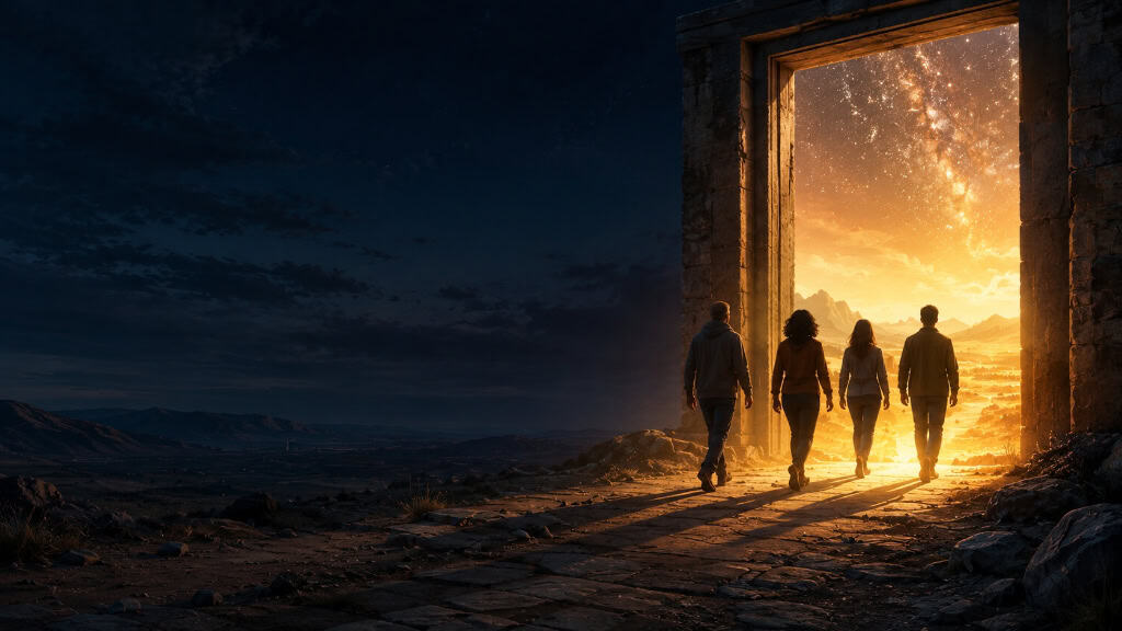A warm doorway of light opening into a bright threshold, symbolizing spiritual transformation
